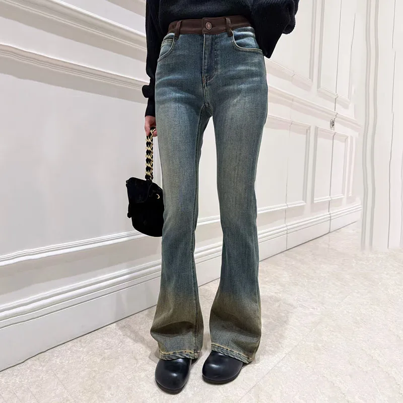 Damskie jeansy patchworkowe, spodnie dzwony barwione metodą fade-dye, wysokiej jakości pogrubione spodnie slim-fit, 2025, zima, nowość, Y2K