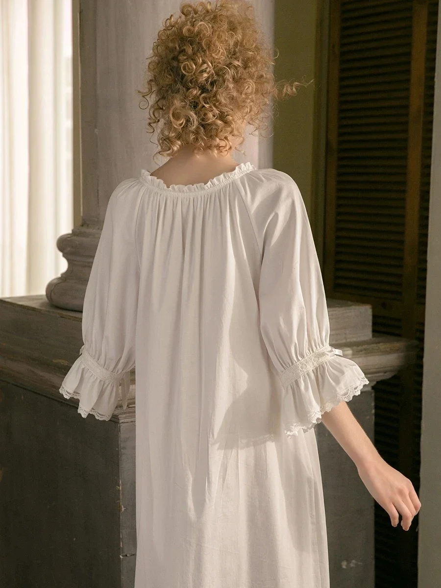 Cotton Nightgown Women\'s Dress V Neck Princess Sleepshirts Vintage Ruffle Loose Nightgowns Lounge Sleepwear Night Dress Women