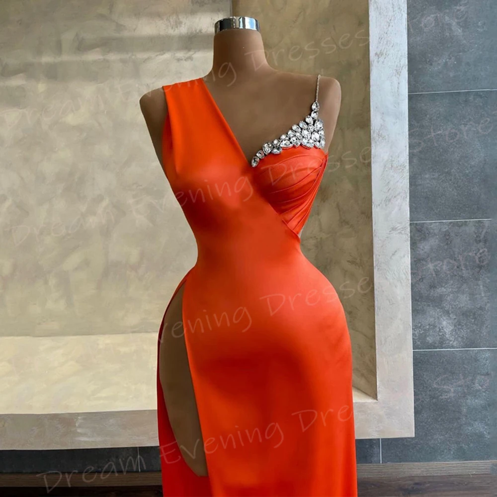 Classic Orange Mermaid Sexy Women's Evening Dresses Fascinating Sleeveless Prom Gowns Beaded Side High Split Vestido De Noche