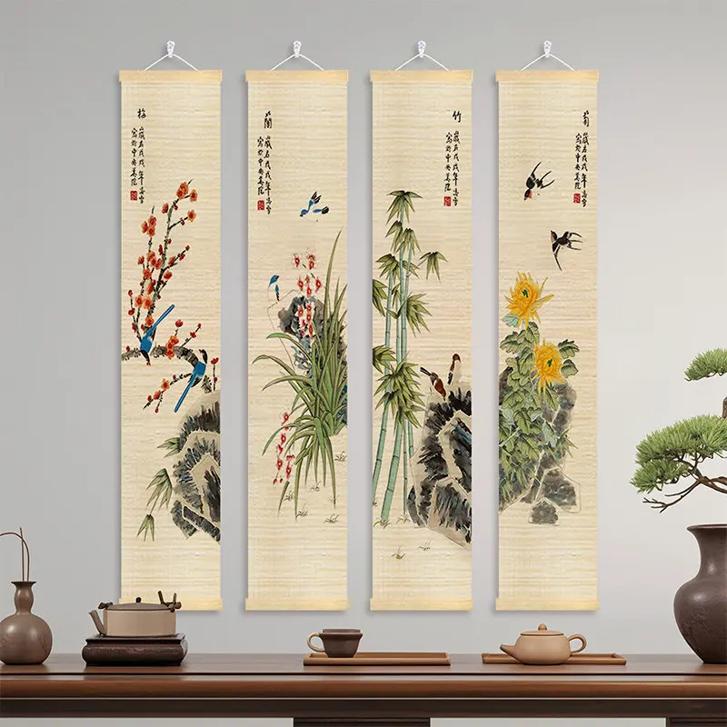 Chinese Four Gentlemen Wall Art Bamboo Scroll Set Plum Orchid Chrysanthemum Painting Oriental Zen Decor Study Tea Room