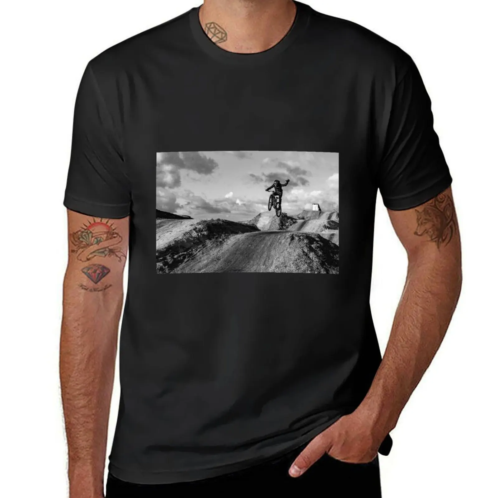 Sports - MTB mountainbike one hand jump on a dirt track in black & white T-Shirt Blouse for a boy funnys mens vintage t shirts