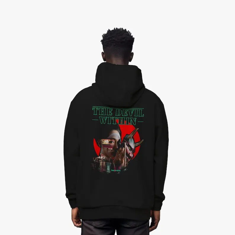 

Grunge streetwear graphic hoodie with Japanese geisha and oni mask