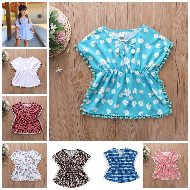 Summer Baby Girls Dresses Cover-up Leopard Tassel Flower Kids Beach Dress Poncho Swimsuits Cover Ups Toddler Sundress 0-5Years