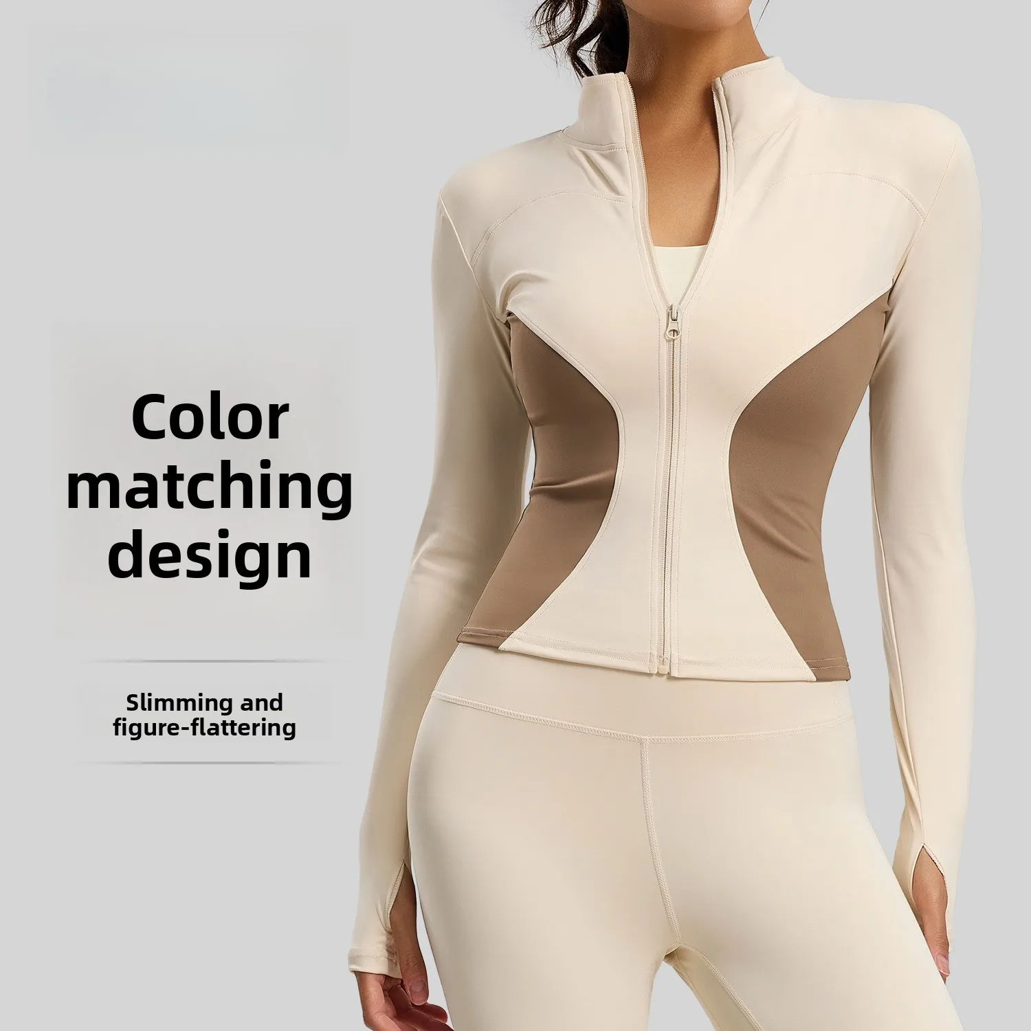 Giacca da yoga dimagrante a blocchi di colore Donna Autunno Inverno Cerniera Manica lunga Pollice Cappotto sportivo Palestra Corsa Fitness Top di grandi dimensioni