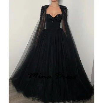 Mina-Robe de Soirée Élégante Personnalisée pour Femme, Tenue de Mariage, Châle Noir, Bille, Perles, en Gaze, 2024