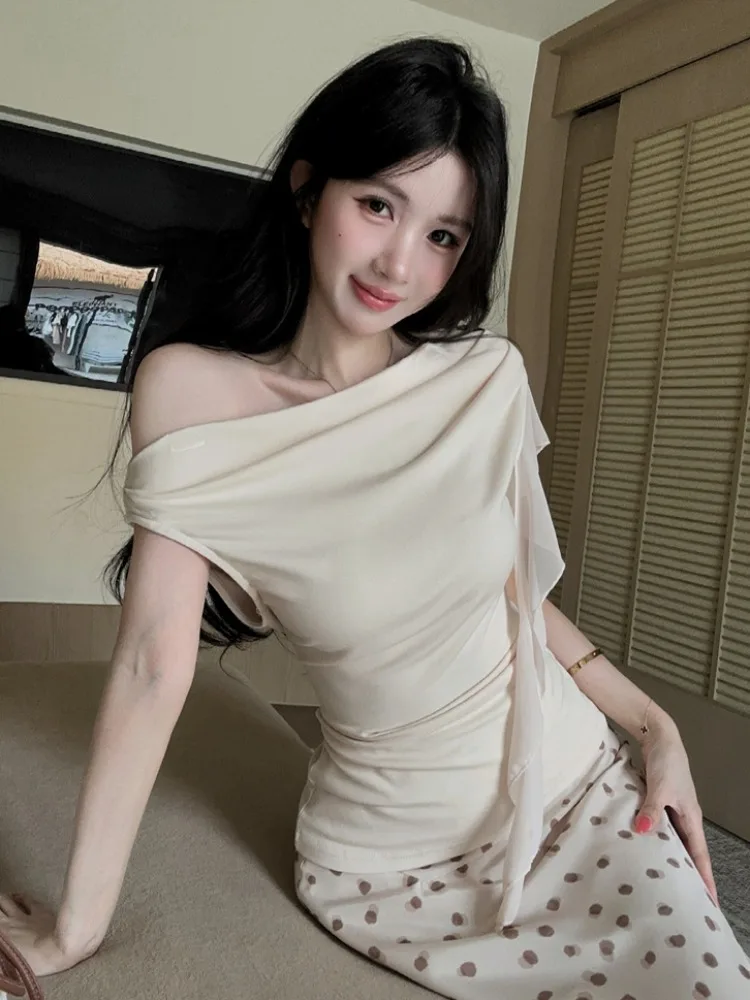 

Summer New Style Women's T-shirt with Sash Holiday Atmosphere Polka Dot Two-Piece Set Asymmetrical Design Casual Wear