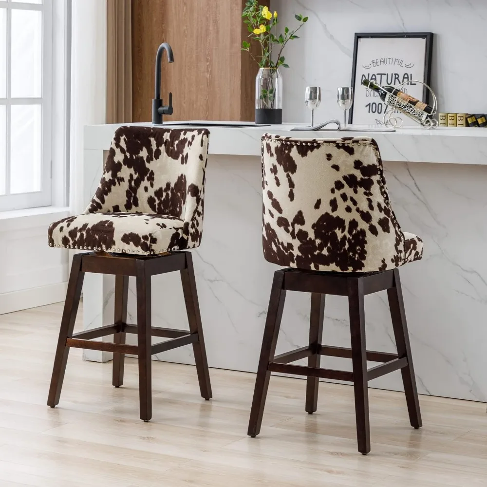 مجموعة مقاعد بار دوارة بارتفاع عداد حديث من منتصف القرن، كرسيين منجدين مخمليًا مقاس 27 بوصة بأرجل خشبية