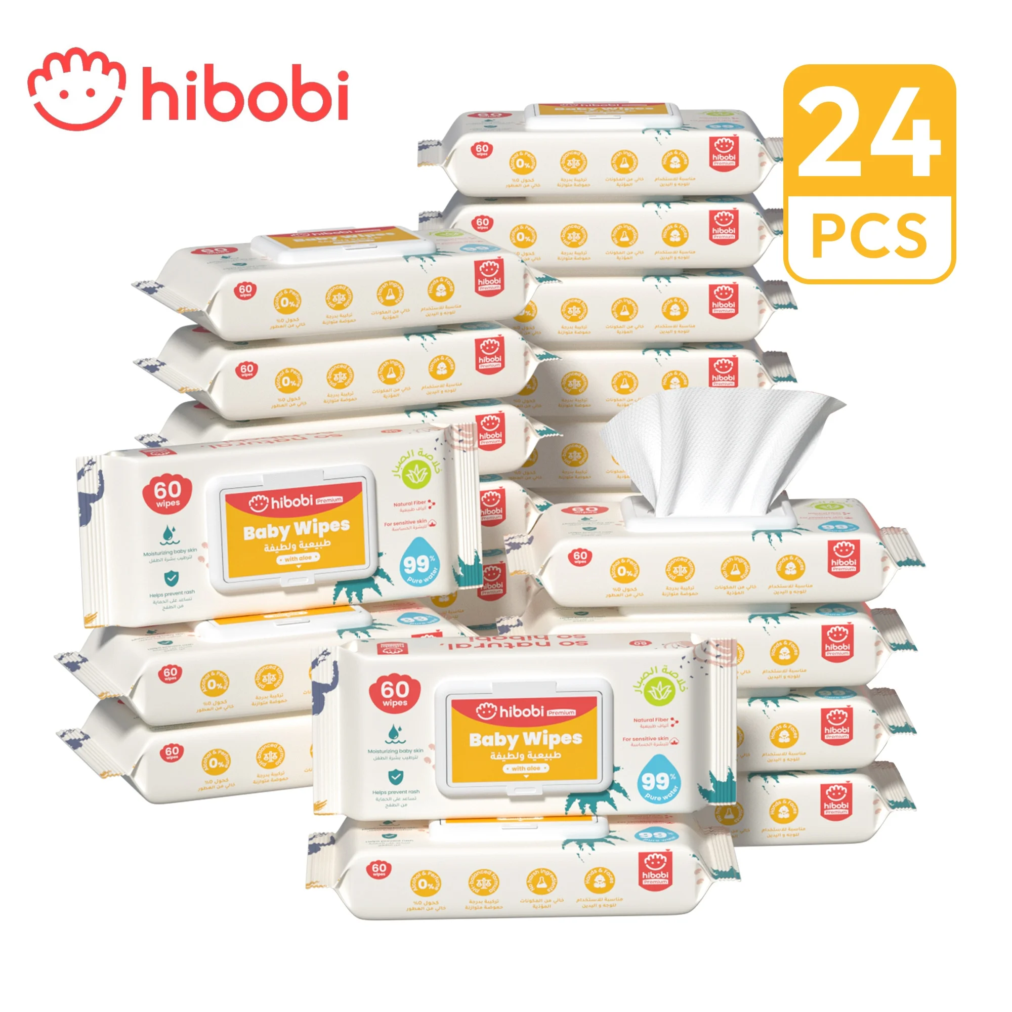 hibobi Baby Wipes 99% Water Gentle Cleansing Baby Refresh Wipes With Hydrating Power of Aloe Vera, Pack of 24, 1440 Count