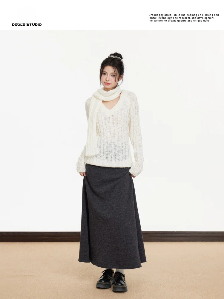 

White Little Fi Hollow out Design Spicy Girl Long Sve Knitted Sweater Women Spring Autumn New Lazy Sle Casual Versatil...