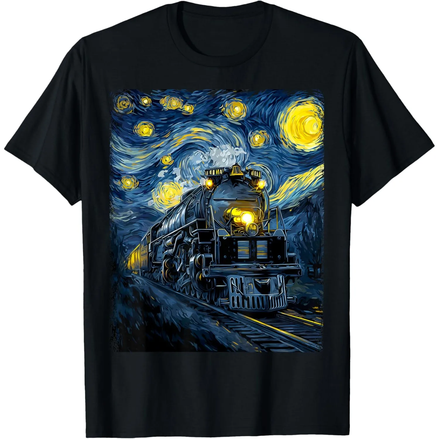 Steam Locomotive Graphic Tee Van Gogh Starry Night Print Cotton Casual Round Neck T-Shirt