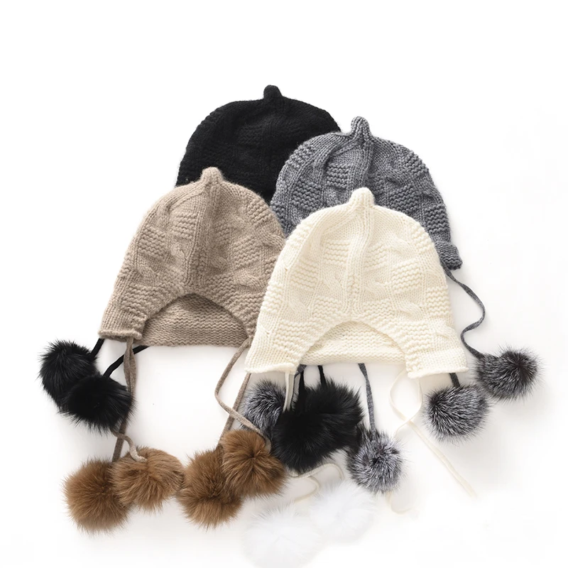 Ear Protection Tassel Knitted Hat 100% Cashmere New Autumn Winter Versatile Warm Thickened Cold-Proof Women's Hat