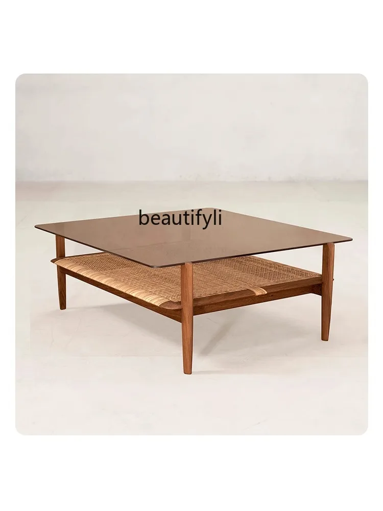 Double-Layer Square Solid Wood Amber-Yellow Glass Desktop End Table Quiet Style Small Apartment Living Room Balcony Coffee Table