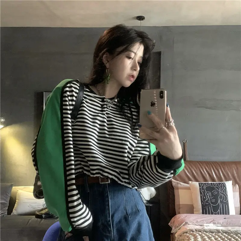 Sweatshirts Voor Dames Groene Tops Met Ronde Hals Gestreepte Y 2K-Stijl Pullovers Trend Basic Nieuw In Bijpassende Kpop Emo M Dameskleding