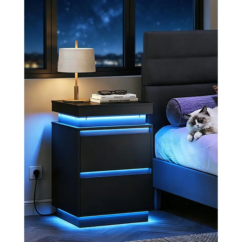 LED Nightstand with Charging Station, Night Stand with Sliding Top | 3 loating LED Strips, APP Control, Hidden Charging Station