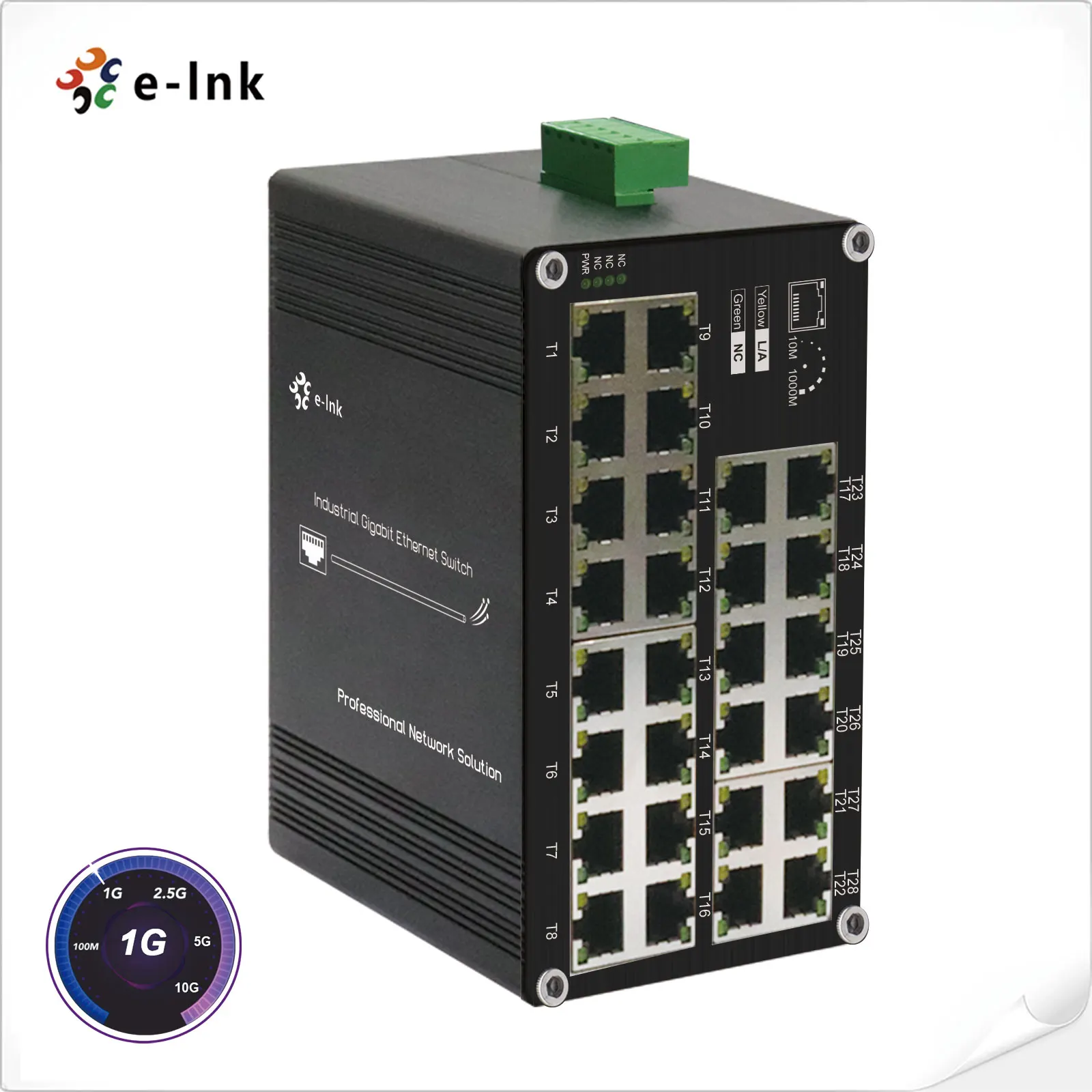 Industrial 28-Port 10/100/1000BASE-T Ethernet Switch, 12V to 57V DC power input