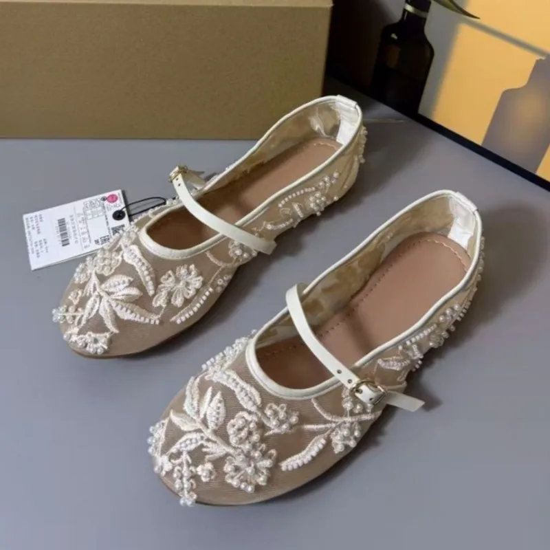 

Light Summer Women Mary Jane Shoes Pearl Embroidered Mesh Vintage Round Toe Comfortable Belt Buckle Casual Brand Female Flats