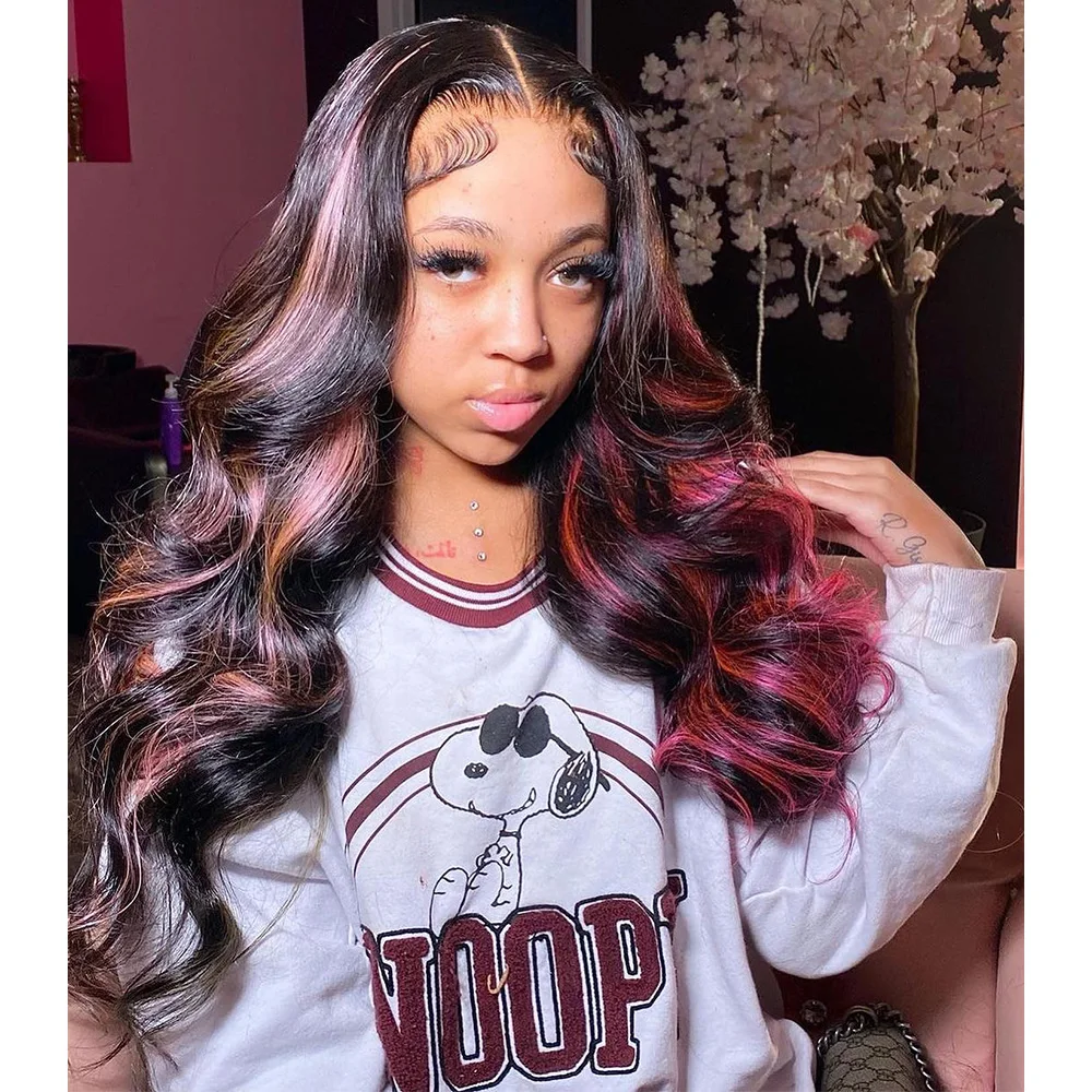 Linhua Hair Pink Highlight Colored Body Wave 13x4 Transparent Lace Wigs  4x4 /5x5 Lace Wig Remy 13x6 Lace Frontal Wig Preplucked