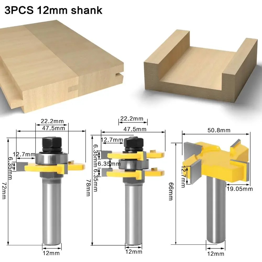 3 ชิ้น/เซ็ต 1/2 "12.7MM 12MM Shank Milling CUTTER ไม้แกะสลักลิ้น & Groove Joint ประกอบ Router Bits 3/4" สต็อก T-Slot Tenon