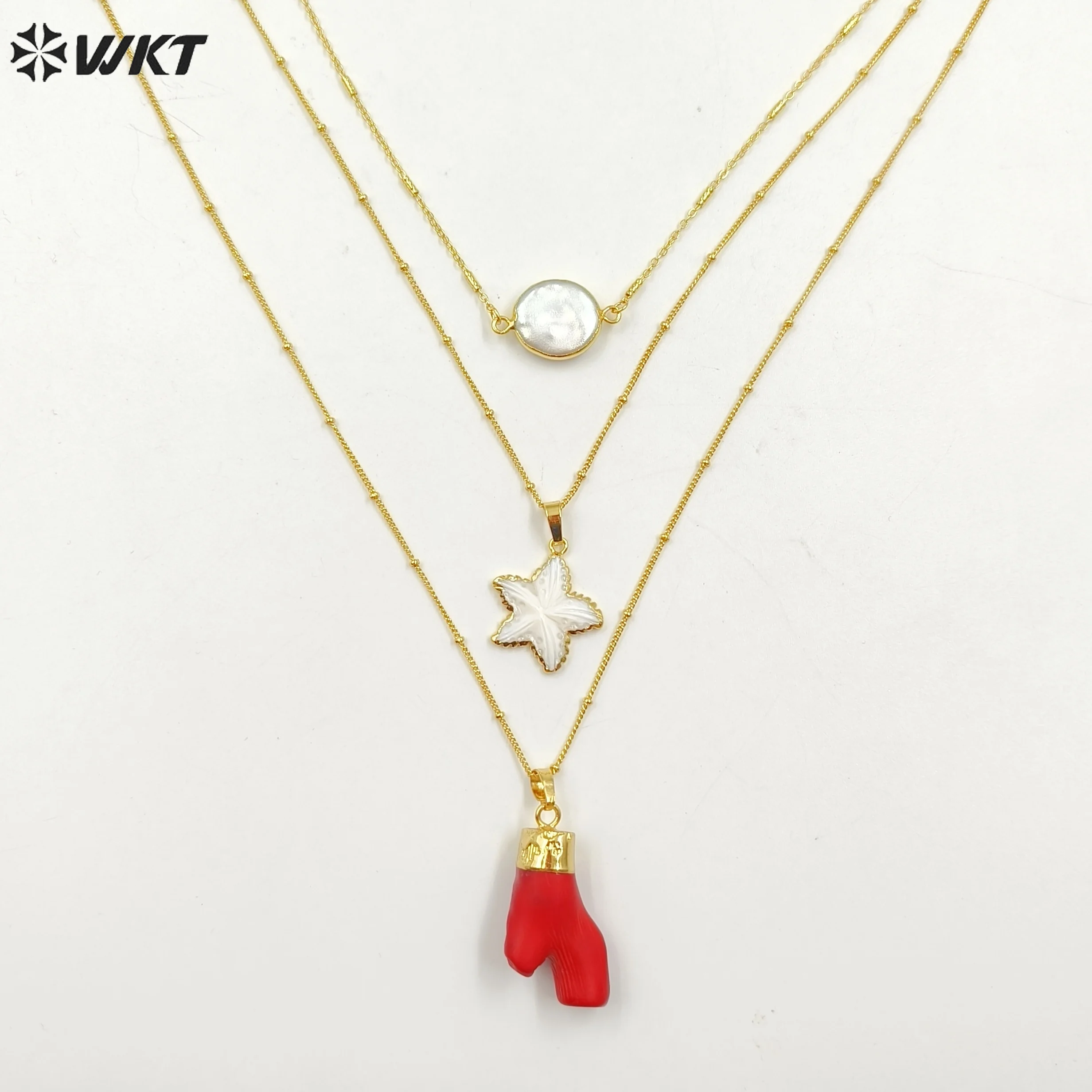 

WT-N1325 Procurement New three layer chain overlay necklace freshwater pearl star shell red coral pendant women's jewelry