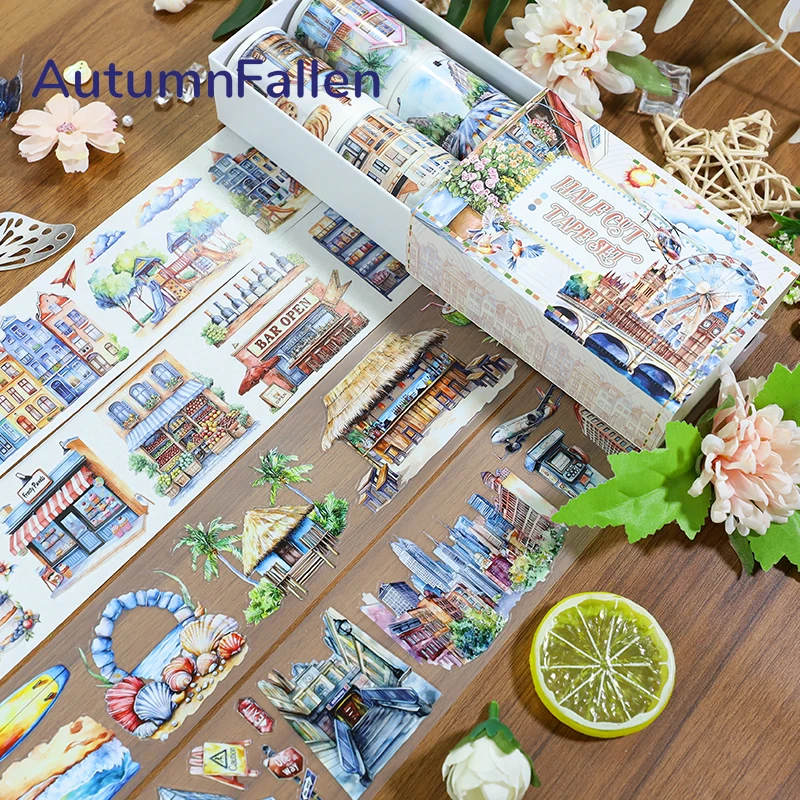 4Pcs/Set Matte Beach PET Washi Tape Pre-Cut Urban Architecture Masking Tape for Stickers Scrapbooking Journal Collage Material