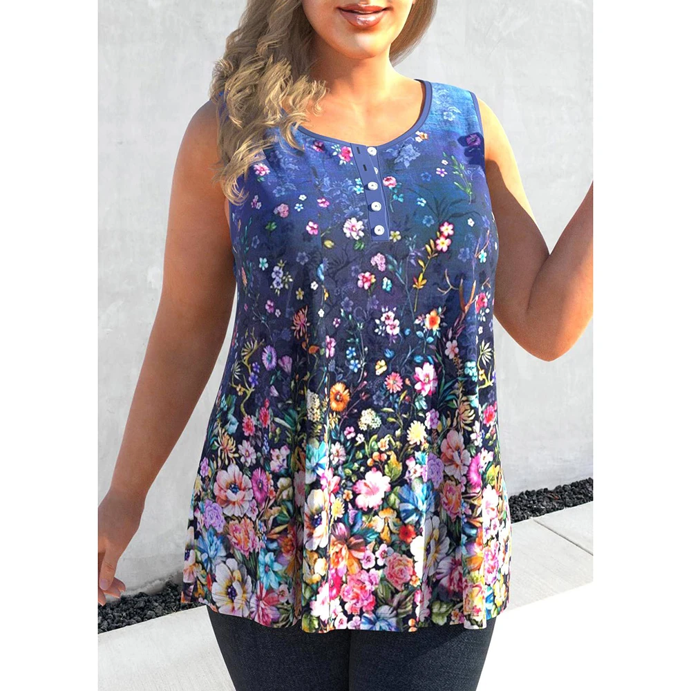 Plus Size Floral Printed Women's T-Shirt Button Crew Neck Summer Gradient Loose Vest Tops Female Casual Vacation Tees T-Shirts