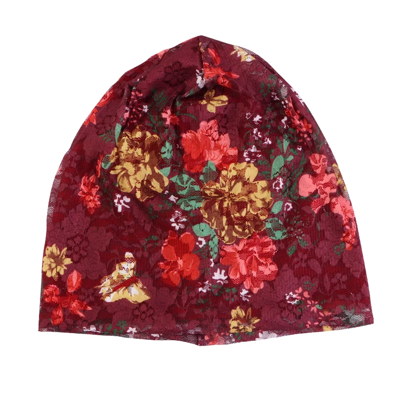 Fashion Printed Lace Head Pullover Hat Breathable Women Ladies Turban Confinement Caps Air Conditioning Cap Flower Beanie