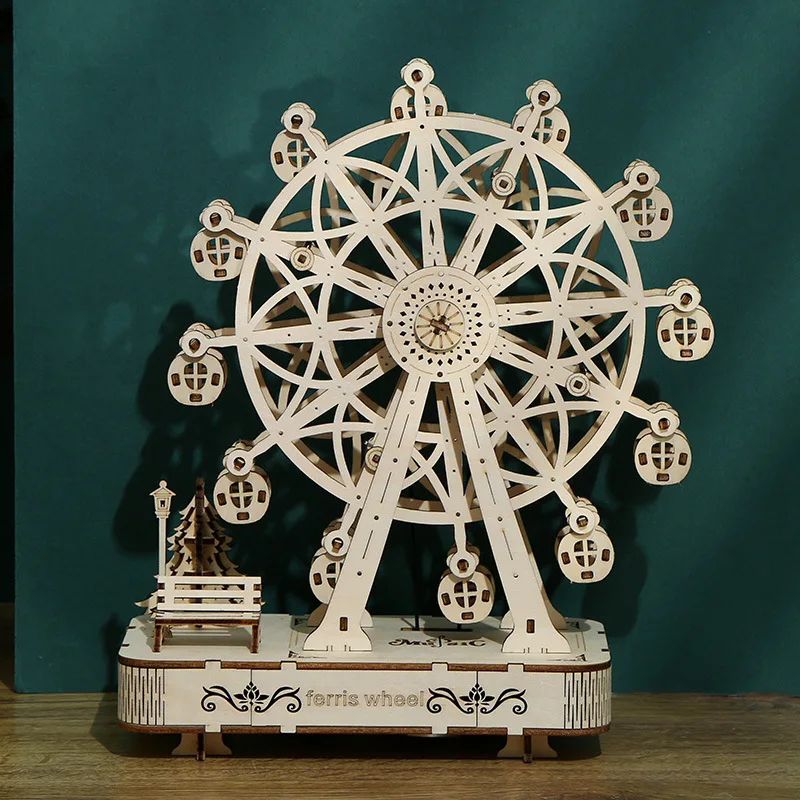 

DIY handmade wooden Ferris wheel model 3d stereo puzzle. Creative furniture interior wood decoration