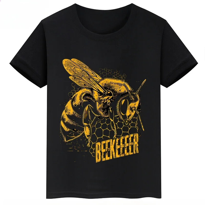 Bee Print Children\'s Clothing Summer Kid\'s Short-sleeved Black Tops Personalized Cotton T-shirts for Boys and Girls Baby Tees