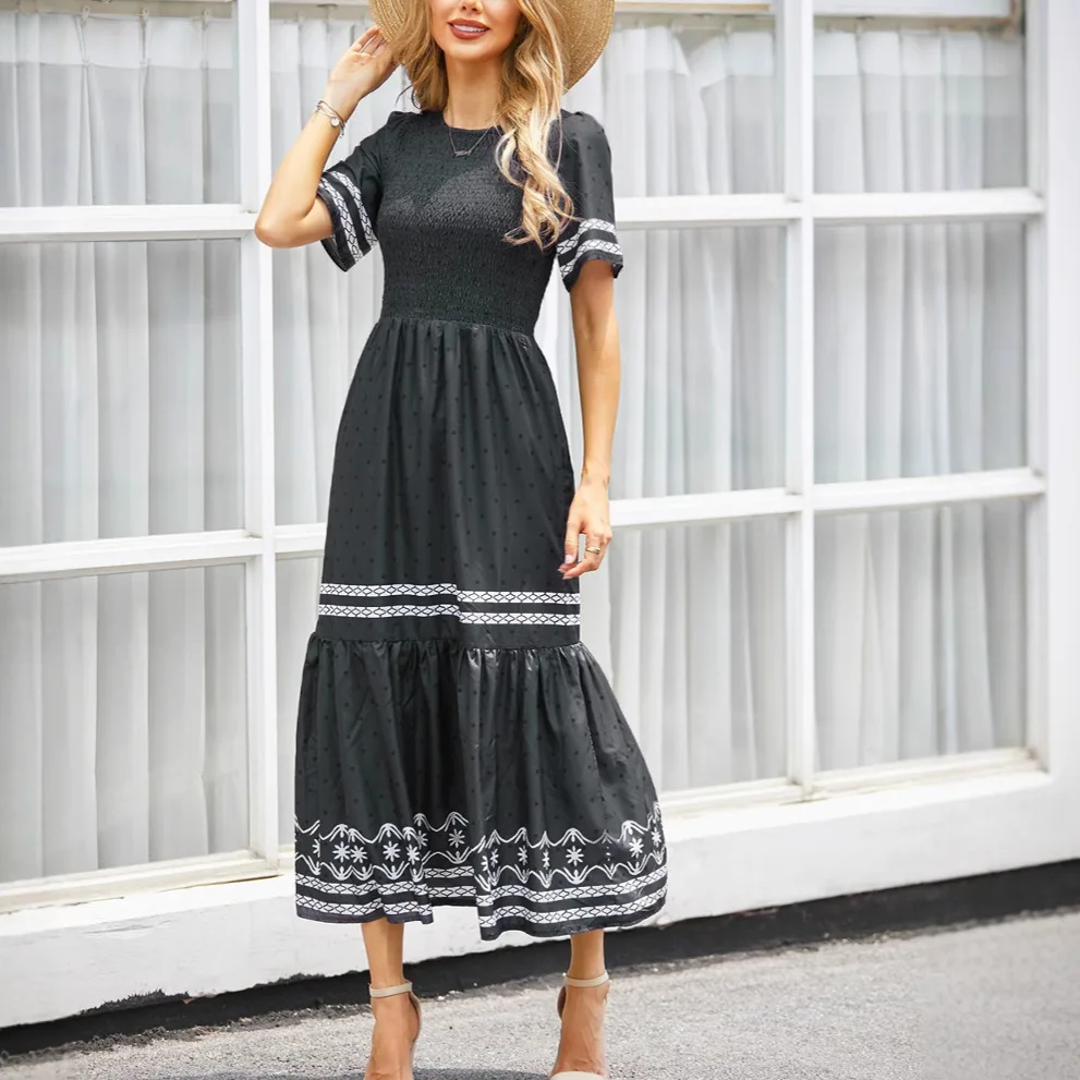 

New summer printing ethnic style loose and thin large size women's dress fashionable simple and elegant temperament high-end hol