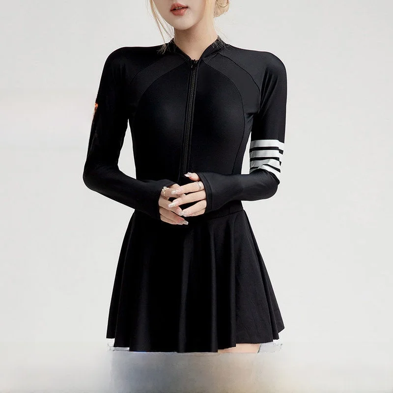 Ins Long Sve Swimwear Women's Skirt Sle  Thermal Spa Swimming Suit Slimming Belly Covering New Model Casual Swi...