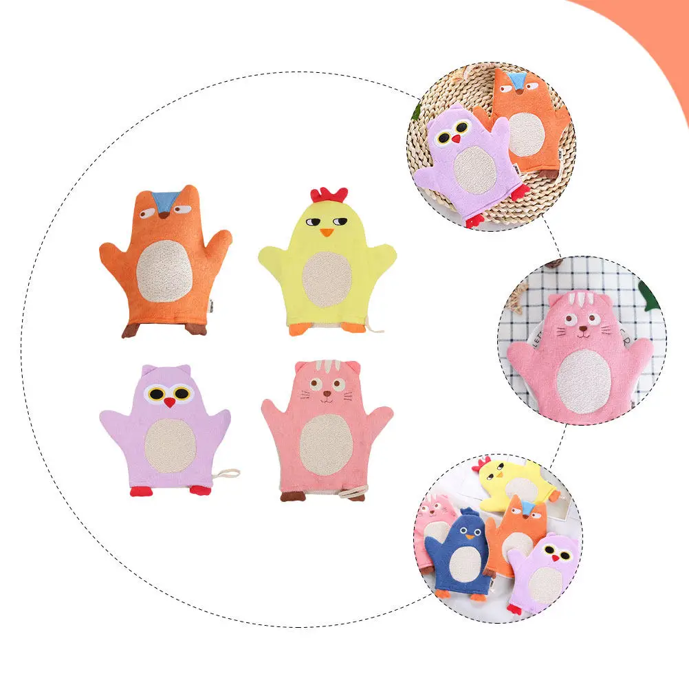 

4Pcs Children Bathing Gloves Cartoon Animal Design Soft Showering Gloves Home Travel Kids Bathing Accessories Blood Circulation
