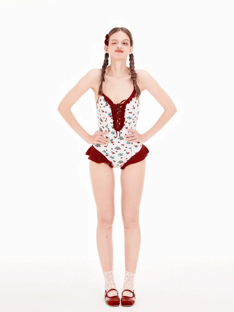 

Sexy Backless Red Bikini for Women Hot Girl Thermal Spring Bathing Suit Beach Casual Swimwear Long Sleeve Pure Desire Style