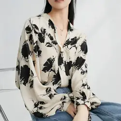 Autumn Retro Elegant Temperament Ink Printed Lantern Sleeves V-neck Shirt Women Thin and Beautiful Autumn Small Blouses Shirt