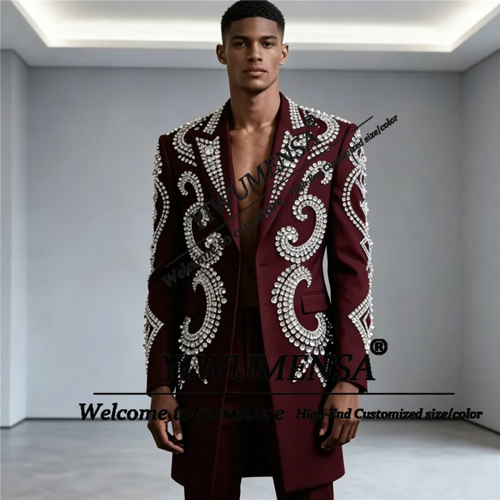 Exclusive Wedding Suit For Man Diamond Beaded Prom Blazer Long Customized 2 Piece Sets Jacket Pants Terno Masculinos Completo