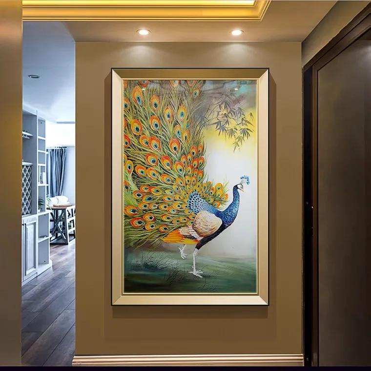 zd-Chinese Styles Hand Painted Beautiful Peacock Canvas Oil Painting for Home Porch Wall Art Decor@