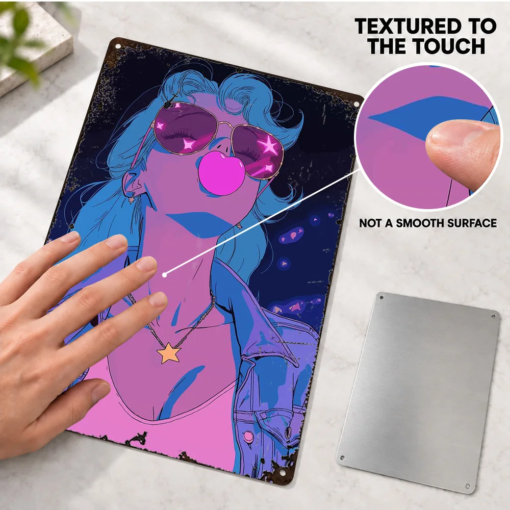 Woman With Sunglasses Printed Poster Personalized Aluminum Metal Sign Retro Minimalist Vector Illustration Wall Art For Lounge
