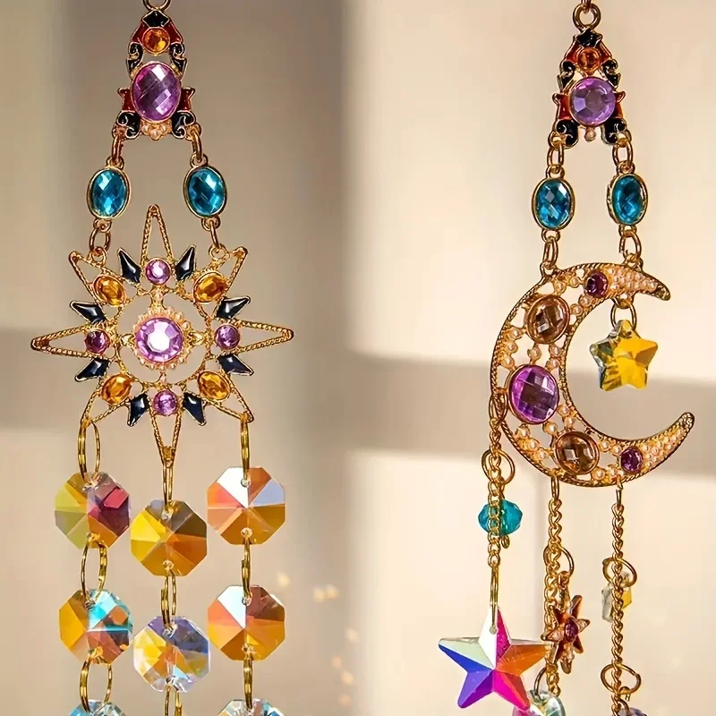 2PCS Crystal Sun and Moon Suncatcher Hanging Ornament, Rainbow Prism Window Decor for Home Garden Car Gift