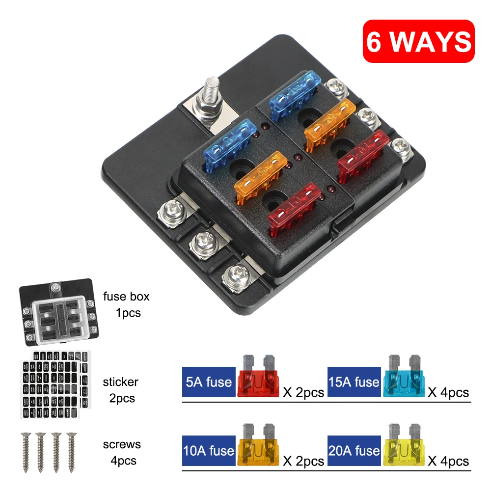 For Auto Car Boat Marine 6 Ways 12 Ways Blade Fuse Block Fuse Box Holder M5 Stud With LED Indicator Light Plastic Cover 32V 100A