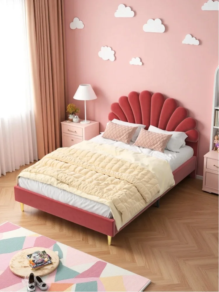 Comanlai 140x200cm Bettgestell, Samtbezogenes Doppelbett mit Blütenblatt-förmigem Kopfteil, Doppelbett mit Goldenen Metallbeinen, Robuste Holzlattenunterstützung, Ohne Matratze, für Schlafzimmer