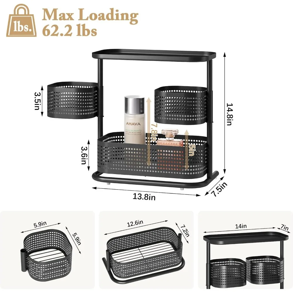 Draaibare opbergkast met 3 niveaus, badkamertellerorganizer met antislipvoet, zwart
