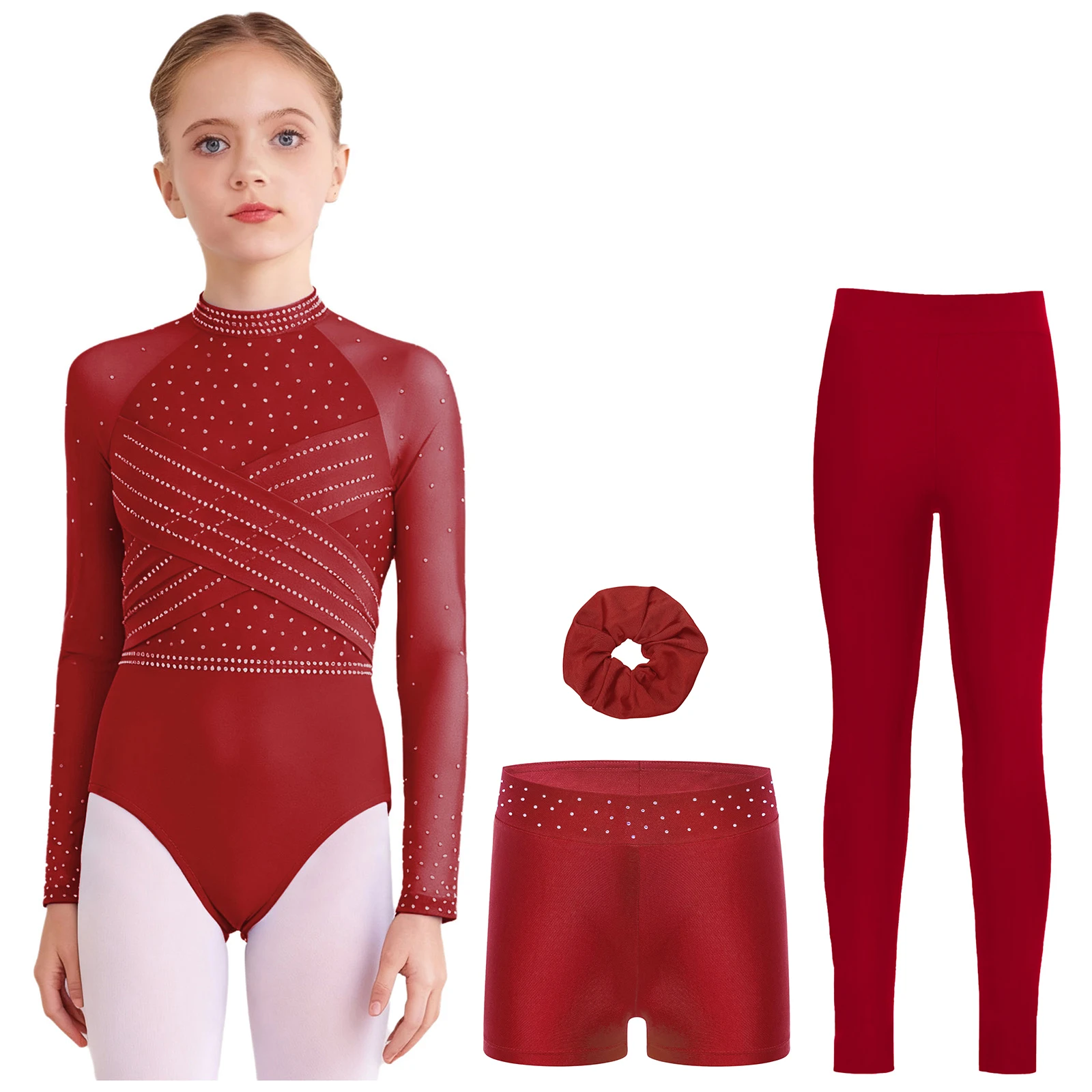 

4Pcs/Set Kids Girls Gymnastics Dance Outfit Sheer Mesh Long Sleeves Cross Front Cutout Back Leotard+Shorts+Leggings+Hair Band