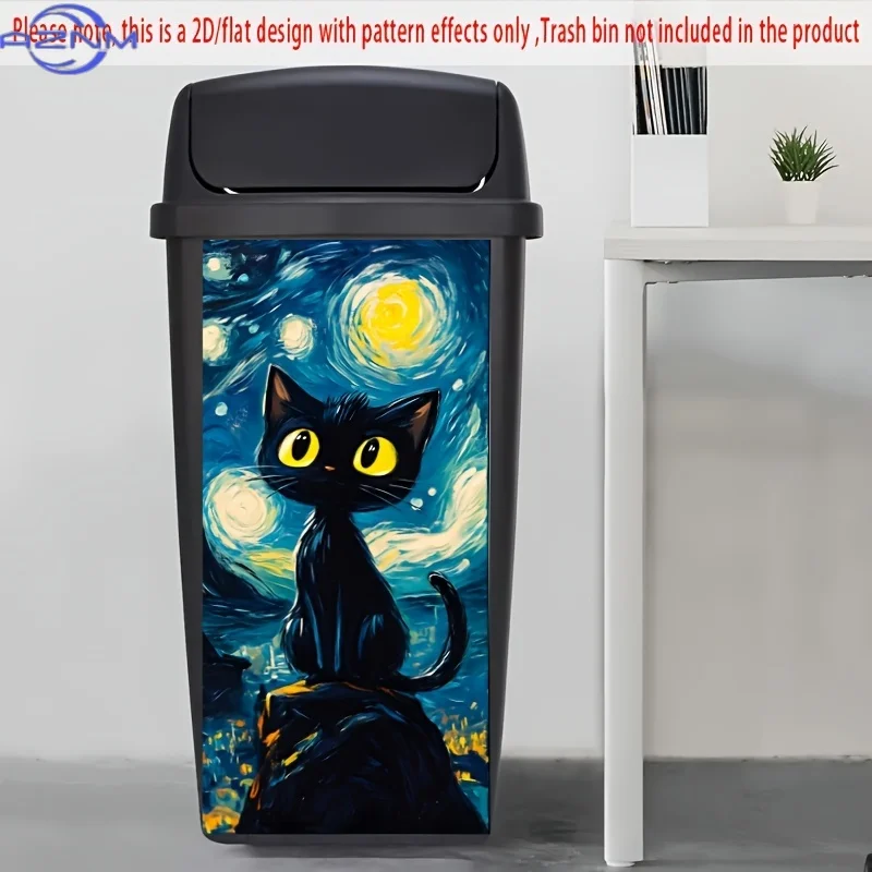 1pc Big Eyed Black Cat Under the Starry Sky 2D Flat Trash Can Sticker, 37.01x 81.99cm, Glossy PVC, Creative Galaxy Style Wall view 3