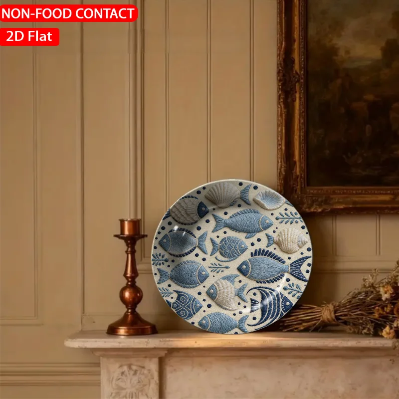 1pc Embroidered Fish Shell Blue Ceramic Plate Non-Food Contact, Home Desk Ornaments, Living Room And Bedroom Decorations,