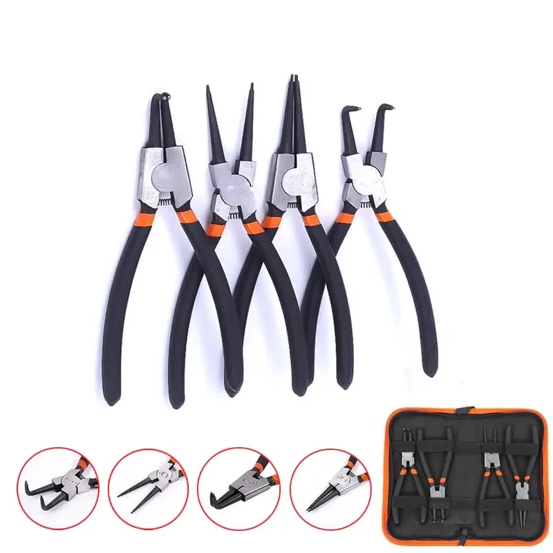 

4Pcs Circlip Plier Set 7'' Long Nose Plier Staight Bent Plier Inner Outer Staight Bent Retaining Snap Ring Remover Tool