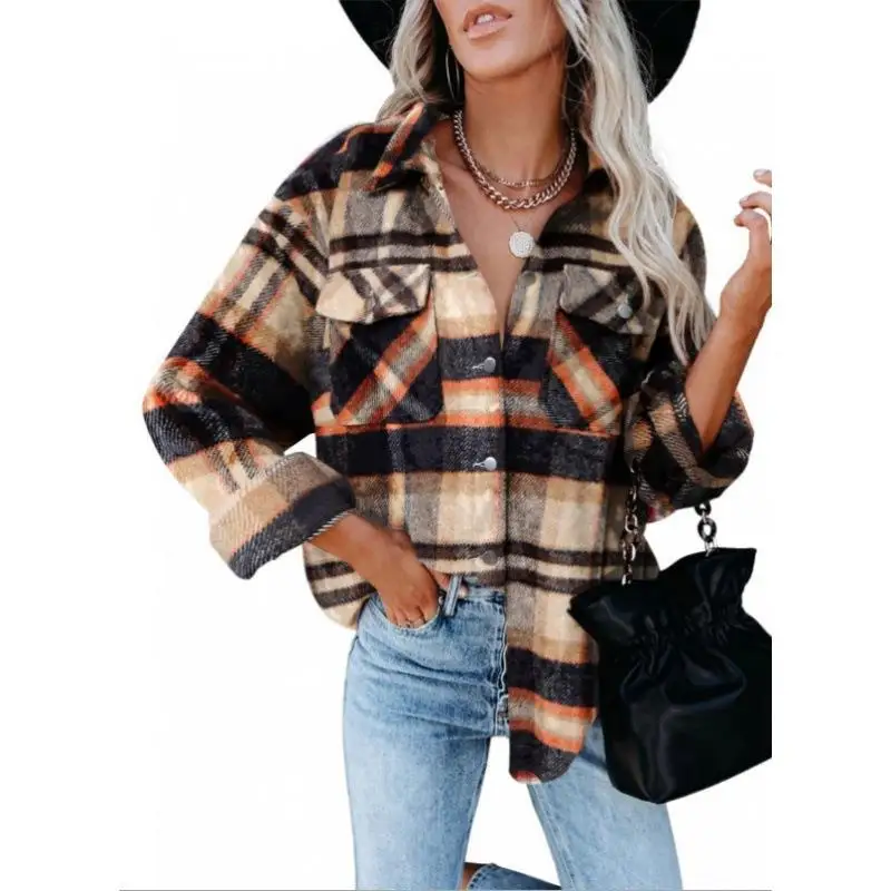 

Ele Women's Plaid irt Woolen Flannel Jaet Polyester Fiber Mid-aged Women's ort Outerwear Autumn Season