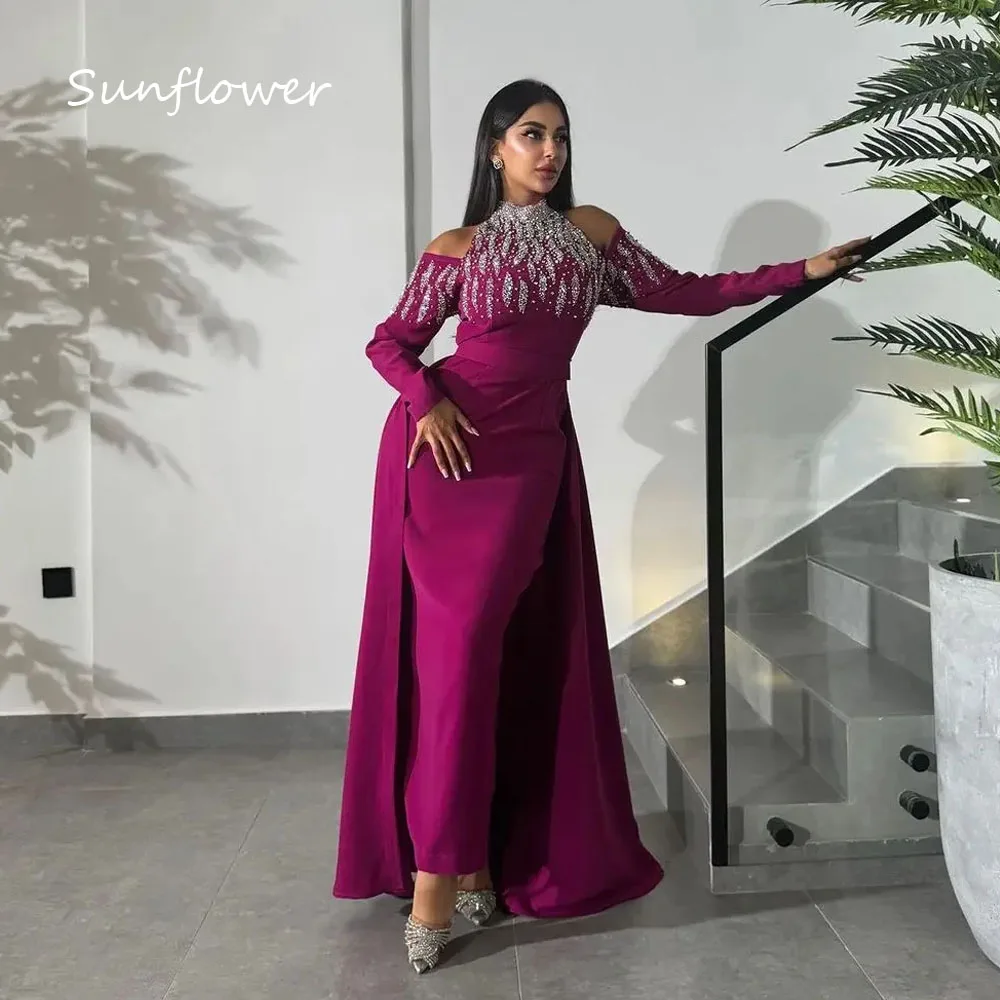 

Sunflower Customized Dubai Fuchsia Crepe Evening Dress Halter Long Sleeves with Beadings Ankle-Length Formal Occasion Dress