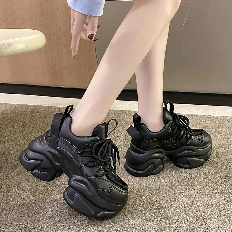 Black Women Chunky Leather Sneakers High Platform Ulzzang Sports Shoes New 2022 Autumn Thick Bottom Women\'s Wedge Casual Shoes