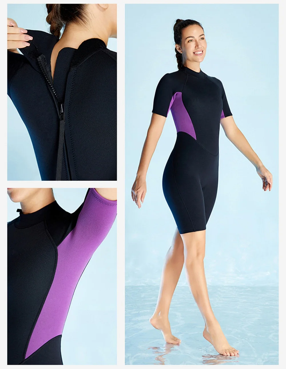 3 mm Damen Shorty Neoprenanzug Neopren Einteiler Sport Badeanzüge Reißverschluss hinten Taucheranzug Schnorcheln Surfen Kajakfahren Kurzarm – Detail 7