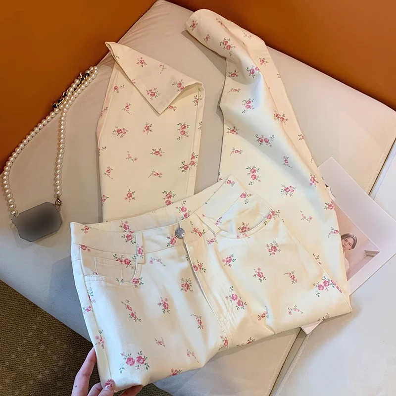

Simple White Floral Denim Pants for Women 2025 Spring Summer New High Waist Wide Leg Trousers Lady Casual Versatile Jeans
