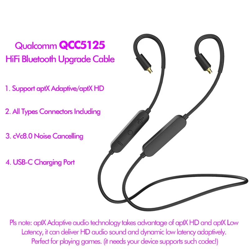 QCC5125 aptX HD Bluetooth Cable Upgrade MMCX for Shure SE215 Fiio FH3 AKG N40 2Pin for KZ ZST AS10 TRN V80 CCA C16 W4R UE18 TFZ